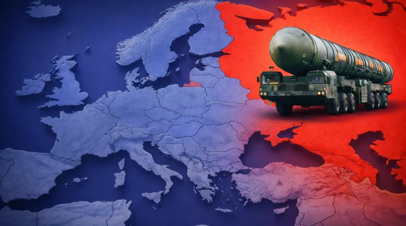 ევროპის რუკა, სადაც გამოკვეთილია რუსეთის ტერიტორია და განთავსებულია ბალისტიკური სარაკეტო სისტემა „ორეშნიკი“, რაც ევროპისთვის პოტენციურ უსაფრთხოების რისკებს ასახავს.