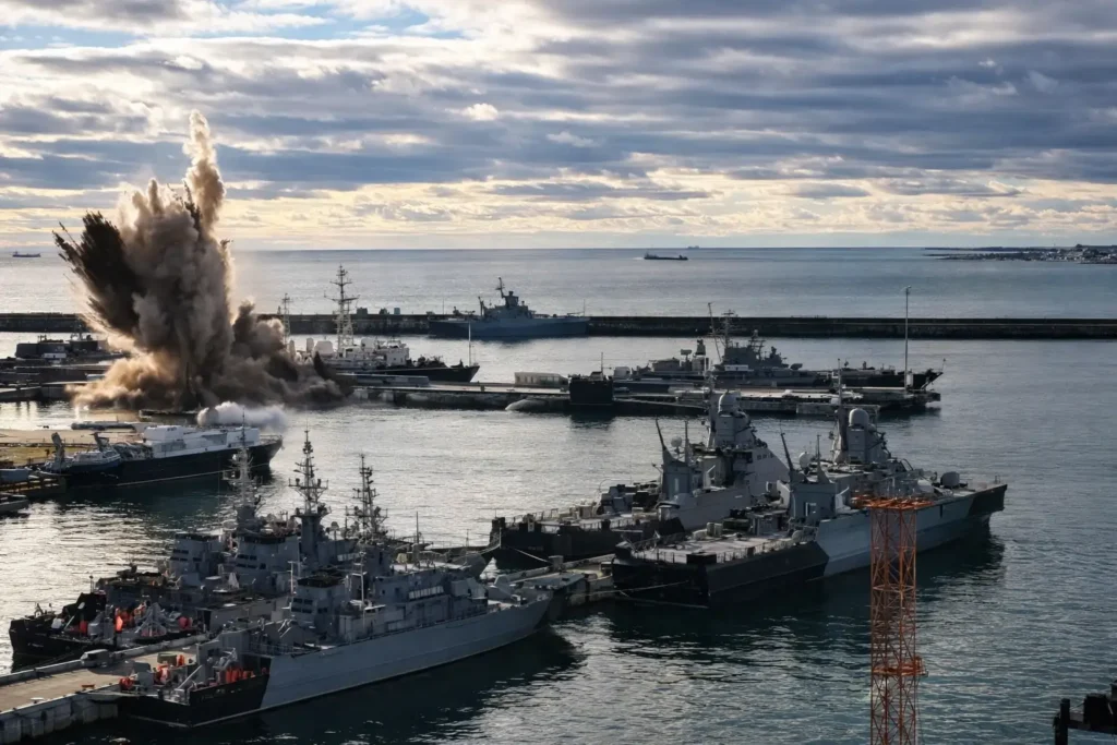 ძლიერი აფეთქება სამხედრო პორტში, სადაც ნავმისადგომთან განლაგებულია საბრძოლო ხომალდები და საზღვაო ინფრასტრუქტურა