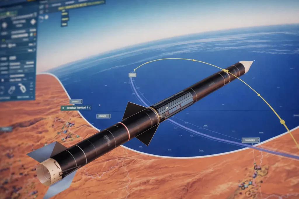 AI-გენერირებული ილუსტრაცია, რომელიც აჩვენებს ბალისტიკური რაკეტის ფრენის ტრაექტორიას, ტექნიკურ სტრუქტურას და მოქმედების პრინციპს გლობალურ რუკაზე
