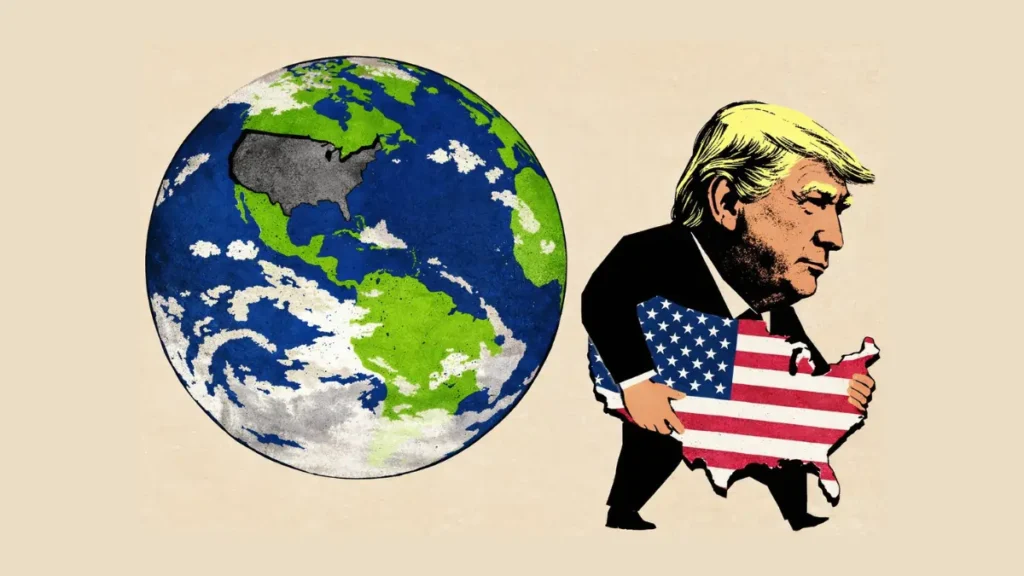 დონალდ ტრამპის ილუსტრაცია გლობალური კონტექსტის ფონზე, რომელიც ასახავს აშშ-ის როლს საერთაშორისო პოლიტიკაში