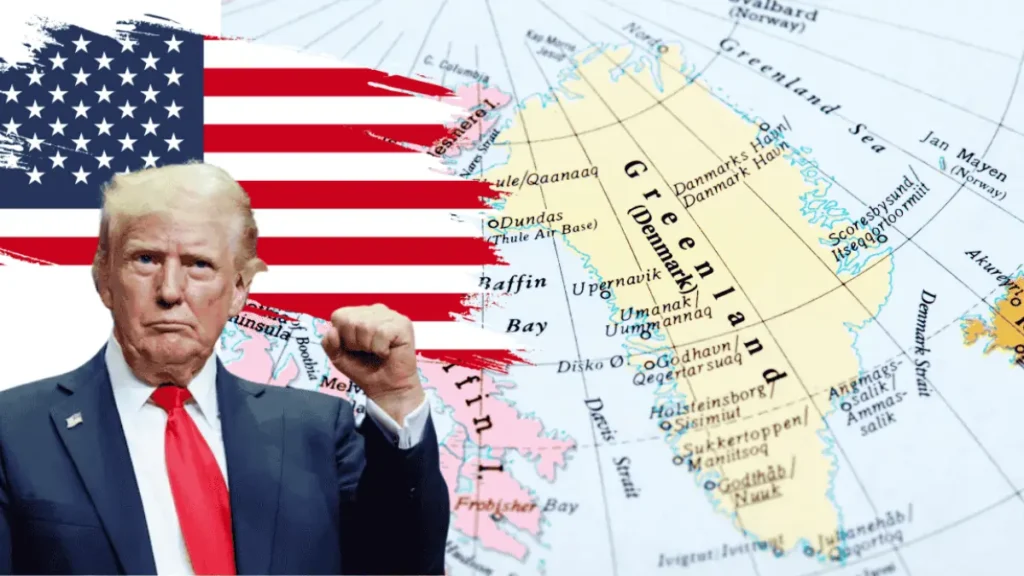 დონალდ ტრამპის გამოსახულება გრენლანდიის რუკის ფონზე, აშშ-ის სტრატეგიული ინტერესების თემატიკით