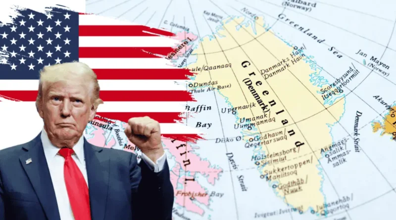 დონალდ ტრამპის გამოსახულება გრენლანდიის რუკის ფონზე, აშშ-ის სტრატეგიული ინტერესების თემატიკით
