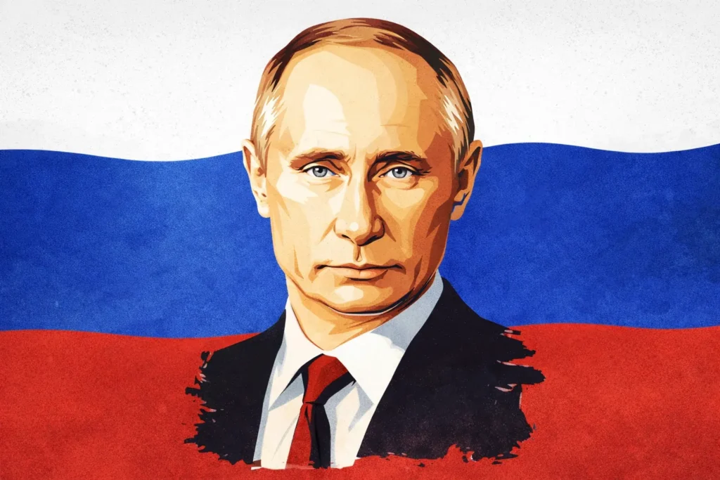 ვოლოდიმირ პუტინის ილუსტრაცია რუსეთის დროშის ფონზე, რომელიც ასახავს კრემლის პოლიტიკასა და სამხედრო გადაწყვეტილებებს