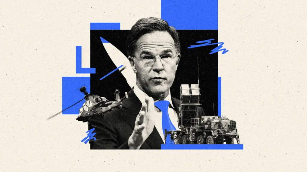 ნატოს გენერალური მდივნის გამოსახულება სამხედრო ტექნიკისა და თავდაცვის სისტემების ფონზე — ევროპის უსაფრთხოებისა და სამხედრო მზადყოფნის ილუსტრაცია