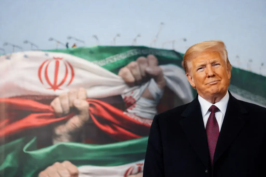 დონალდ ტრამპი ირანის დროშის ფონზე — აშშ-ის პოლიტიკა ირანის წინააღმდეგ და გეოპოლიტიკური დაძაბულობა