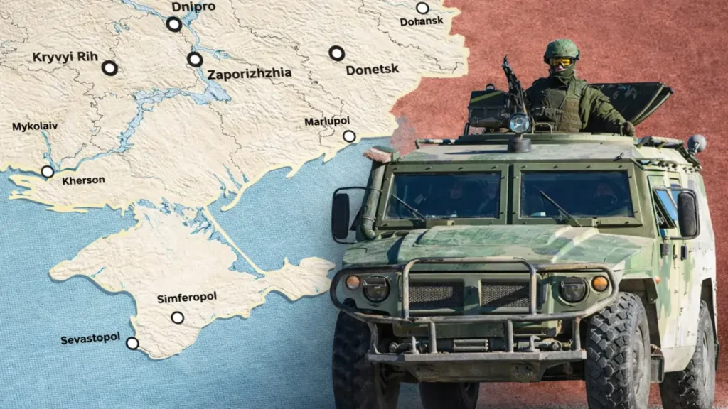 რუკის გრაფიკული ვიზუალიზაცია, რომელიც აჩვენებს უკრაინის სამხრეთ რეგიონებსა და სამხედრო კონტექსტს შავი ზღვის აუზში