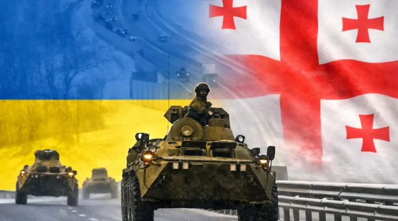 სამხედრო კოლონა ფონზე უკრაინისა და საქართველოს დროშების გრაფიკული კომპოზიცია