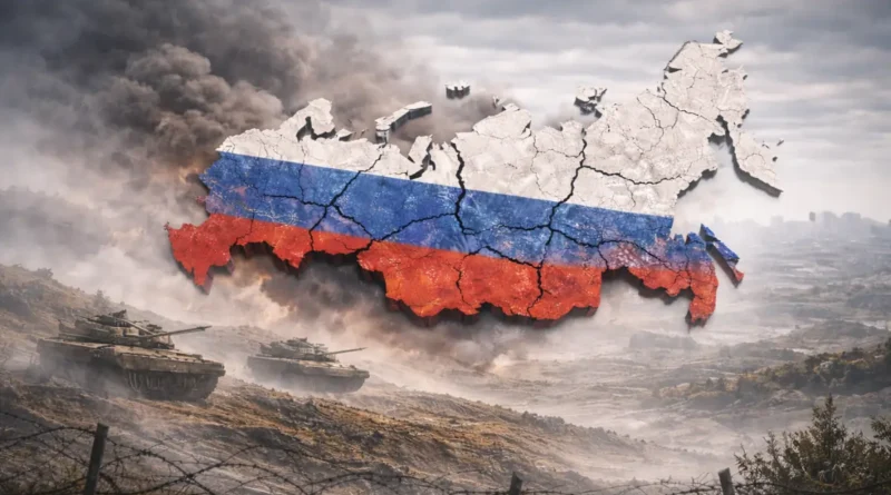 „რუსეთის დაშლის შესაძლო სცენარები — გატეხილი რუსეთის რუკა, ტანკები და ბარბაროსული მავთული ნისლიან საბრძოლო ლანდშაფტში“
